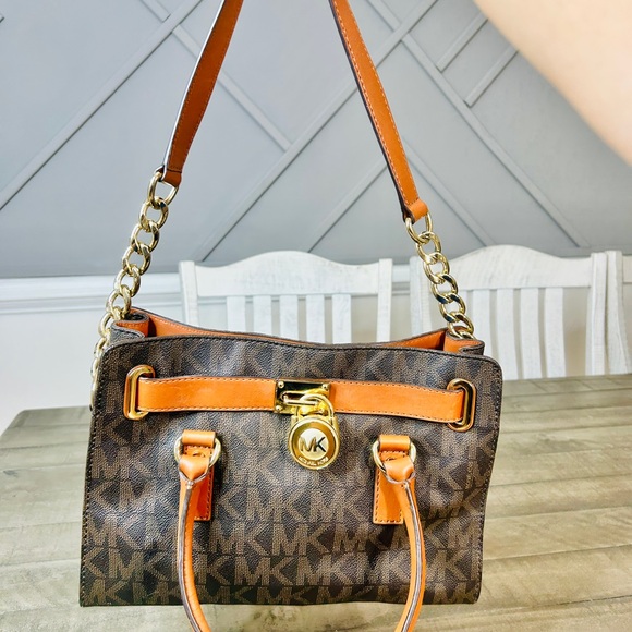 Michael Kors Hamilton East West Satchel Tote Purse Brown Signature Gold Chain - Picture 3 of 6